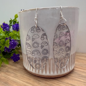 Weather Earrings | Sun, Cloud & Rainbow Acrylic Dangles | Positive Vibes Gift | Lightweight Oval Earrings | Laser Engraved Jewelry