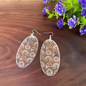 Clear Acrylic Weather Earrings | Sun, Cloud & Rainbow Oval Dangle Earrings | Laser Engraved Lightweight Jewelry | Positive Vibes Gift