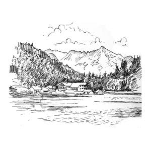 Black and White Sketch, Pencil Drawing,Germany Mountain Lake, landscape, Art print of original sketch, hand drawn, Forrest, Home Gifts