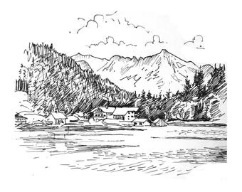 Black and White Sketch, Pencil Drawing,Germany Mountain Lake, landscape, Art print of original sketch, hand drawn, Forrest, Home Gifts