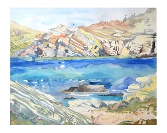 Wall Art, Greece Antiparos, Art Print of original Watercolor painting, Landscape painting, Ocean View, House Warming Gift, Home Present