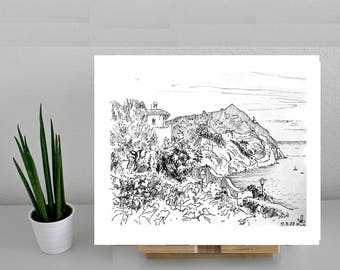Italy, Ischia, Art Print of original Pencil Sketch, Landscape, Seascape, black and White Sketch, housewarming gift, home decor
