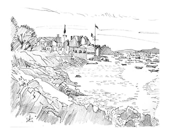 Black and White Sketch, Pencil Drawing, Massachusetts, Marblehead, landscape, Art print of original sketch, hand drawn, ocean