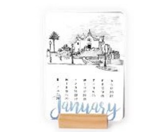 2018 Desk Calendar of landscape Sketches, easel calendar, Card Calendar with wooden stand, Christmas gift, Holiday Present