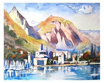 Italy, Lake Garda, Art Print of original Watercolor painting, Landscape painting, Mountain, Lake, fishing town