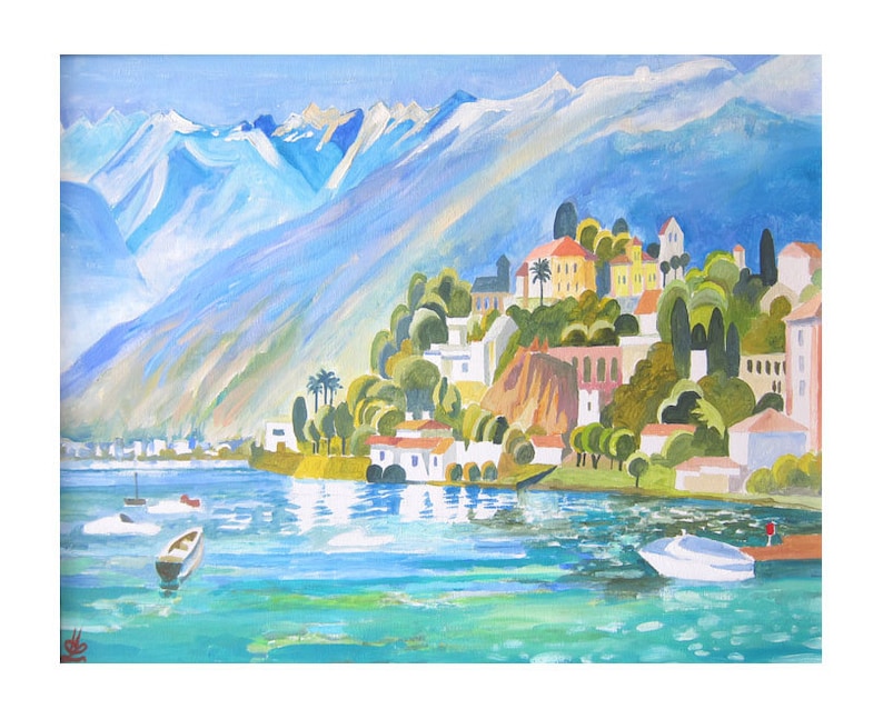 Decor Art Print of original Acrylic painting Mountain View Lake landscape Seascape Cliff Village Switzerland Lago Maggiore Italy
