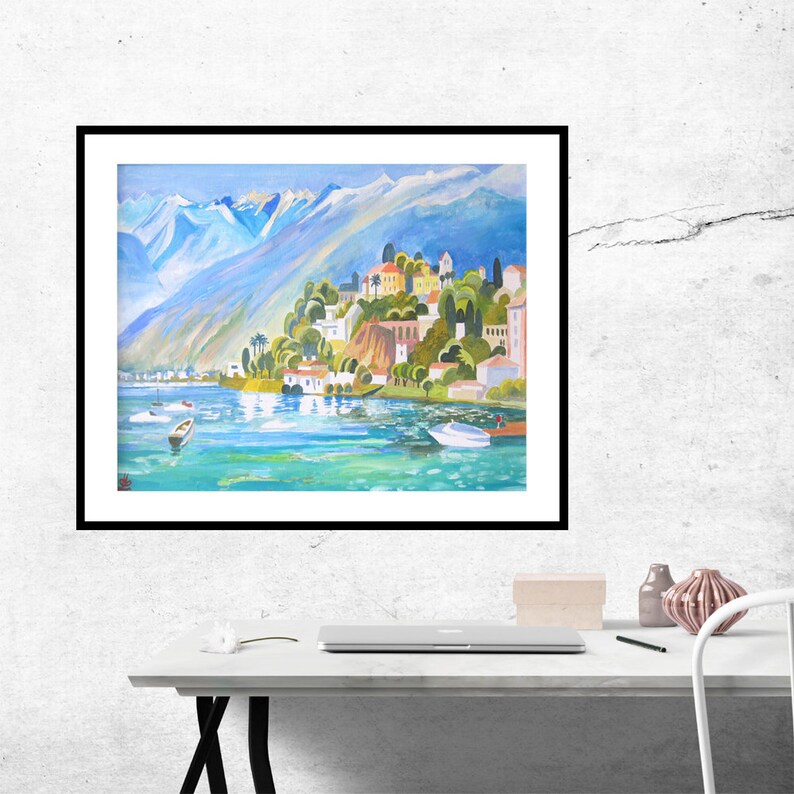 Decor Art Print of original Acrylic painting Mountain View Lake landscape Seascape Cliff Village Switzerland Lago Maggiore Italy