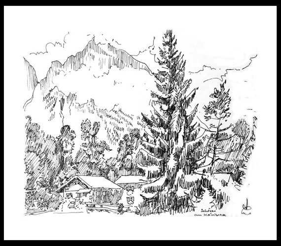 Niemcy Bawaria Czarno Biały Szkic Rysunek Ołówkiem Krajobraz Druk Sztuki Oryginalnego Szkicu Ręcznie Rysowane Wystrój Dekoracji Domu