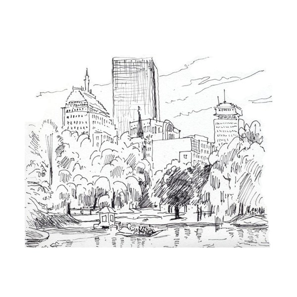 Boston, Massachusetts, Art Print of original Pencil Sketch, Boston Common, city skyline, cityscape, MA, Swan Lake, Swan Boat, skyscrapers
