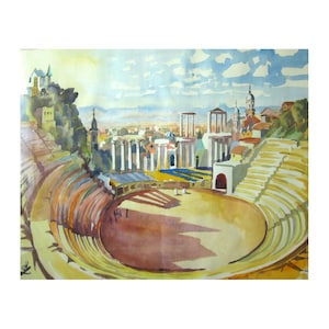 May include: A watercolor painting depicting an ancient Roman amphitheater with a city skyline in the background. The amphitheater is made of stone and has a large, open space in the center. The city skyline is made up of buildings and towers, and there are clouds in the sky.