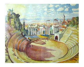 Bulgaria, Plovdiv, Roman Theater, Ancient Arena, Art Print of original Watercolor painting, Landscape painting, Holiday Gift