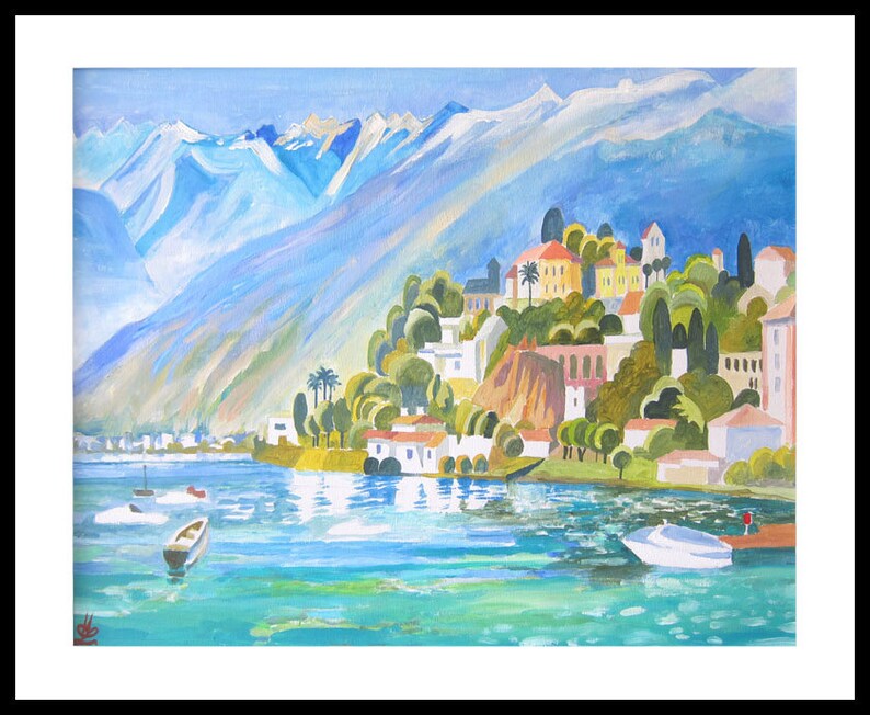 Decor Art Print of original Acrylic painting Mountain View Lake landscape Seascape Cliff Village Switzerland Lago Maggiore Italy