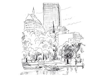 Boston, Massachusetts, Swan Boats, Art Print of original Pencil Sketch, Boston Common view over the lake, MA, Fountain, skyscrapers