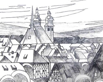 Germany Town with Church, Black & White Sketch, Pencil Drawing, landscape, Art print of original sketch, hand drawn, old town