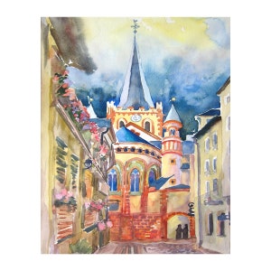 Germany, Bacharach, Art Print of original Watercolor painting, Landscape painting, Town Alley, Old World City, Church, Town, Gasse
