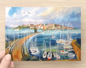 Post Card of original Watercolor painting, Landscape painting, Sea Port, Single 5 x7 card of Bulgaria, postcard of boats on the ocean