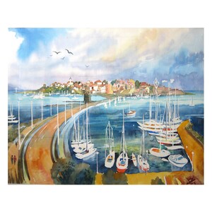 Bulgaria, Boats in Port, Bridge to Island, Art Print of original Watercolor painting, Landscape painting, Ocean, Beach, seagulls,