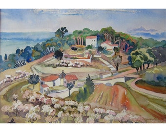 Italy, Farm, village, Birds eye view, Mountain, Art Print of original Watercolor painting, Landscape painting, Fields, Wine