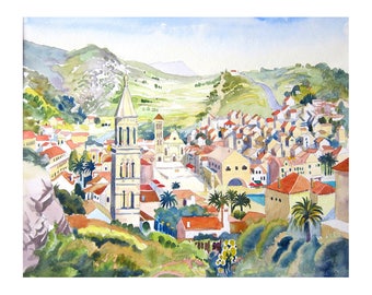 Croacia, Hvar, Art Print of original Watercolor painting, Landscape painting, idyllic town, Housewarming gift, gift for couple, Wall  Art
