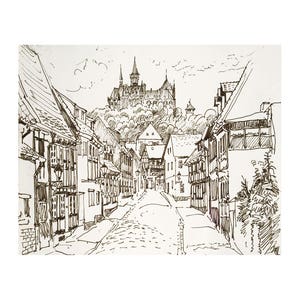 Housewarming Gift, Germany Wernigerode, Black & White Sketch, Pencil Drawing, landscape, Art print of original sketch, hand drawn, old town