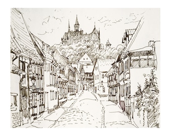 Housewarming Gift, Germany Wernigerode, Black & White Sketch, Pencil Drawing, landscape, Art print of original sketch, hand drawn, old town