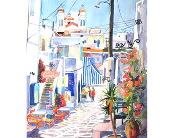 Greece Antiparos, Art Print of original Watercolor painting, Landscape painting, town square, cafe, blue sky