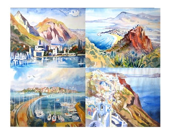 Art Card of original Watercolor painting, Landscape painting, Mountain, Set of 4 Cards 5x7, Italy, Greece, Bugaria, Sicily