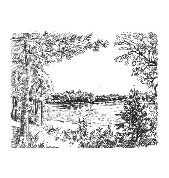 Stati Uniti Massachusetts Lago Schizzo In Bianco E Nero Disegno A Matita Paesaggio Stampa Darte Di Schizzo Originale Disegnato Home