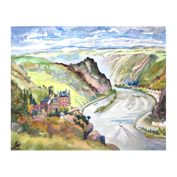 Germany, Rhine, Art Print of original Watercolor painting, Landscape painting,Castle on the Hill, Home Decor, Housewarming gift