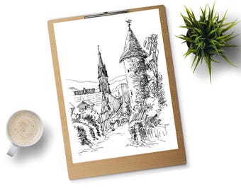 Germany, Castle, Art Print of original Pencil Sketch, Landscape, Church, town