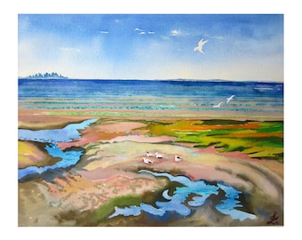 Cape Cod, Massachusetts, Art Print of original Watercolor painting, Landscape painting, MA, Ocean, Beach, seagulls,