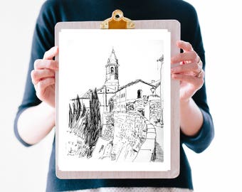 Black and White Sketch of Italy, Tuscany, Art Print of original Pencil Sketch, Landscape, Church, town