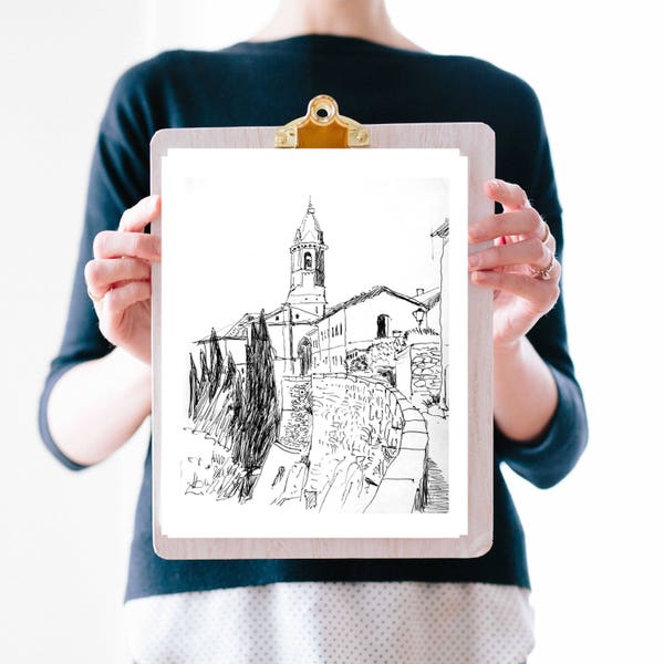 Black and White Sketch of Italy, Tuscany, Art Print of original Pencil Sketch, Landscape, Church, town