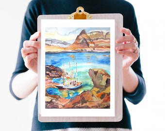 Greece, Santorini Island, Art Print of original Watercolor painting, Landscape painting, Bay ,Ocean with boats anchoring on the shore