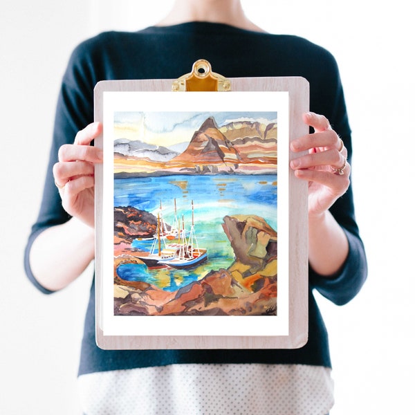 Greece, Santorini Island, Art Print of original Watercolor painting, Landscape painting, Bay ,Ocean with boats anchoring on the shore
