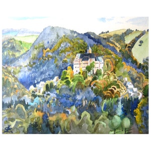 Germany, Scharfenstein, Art Print of original Watercolor painting, Castle painting, Mountains, Home Decor, Housewarming gift German drawing