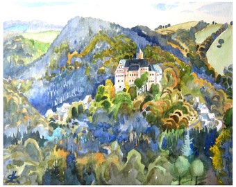 Germany, Scharfenstein, Art Print of original Watercolor painting, Castle painting, Mountains, Home Decor, Housewarming gift German drawing