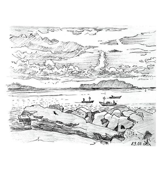 Włochy Ischia Forrio Krajobraz Art Print Oryginalnego Szkicu Ręcznie Rysowane Ocean Czarno Biały Szkic Rysunek Ołówkiem Prezent Dla Par
