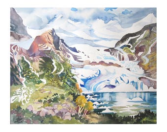 Norway, Ice Glacier, Art Print of original Watercolor painting, Landscape painting,Christmas Gift for Couple, Home Decor, Housewarming gift