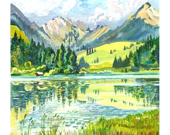 Germany, Alps, Rolling Hills, Art Print of original Acrylic painting, Landscape painting, Forrest,  Nature Painting, Lake