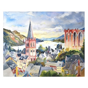 Germany, Rhine River Print, Art Print of original Watercolor painting, Landscape painting, Germany Wall Decor, German Art Poster