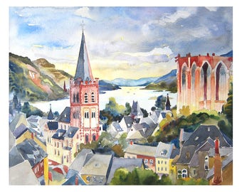 May include: A watercolor painting of a small town with a tall red church steeple in the center. The town is nestled along a river with hills in the background. The sky is cloudy and the sun is setting.