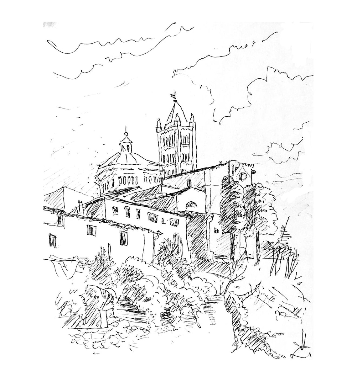 Italien, Toskana, Art Print original Bleistift-Skizze, Landschaft