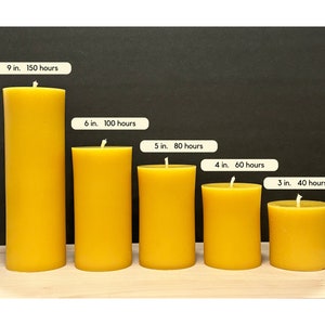 May include: Five beeswax candles of varying sizes, from 3 inches to 9 inches in diameter, with burn times ranging from 40 to 150 hours. The candles are arranged in order of size, with the largest candle on the left and the smallest candle on the right.