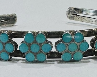 Sterling Silver Zuni Turquoise Six Flower Blossom Cluster Cuff Bracelet 11.5 Grams