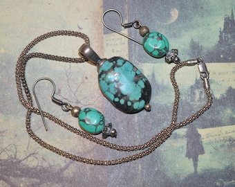 Vintage sterlingturkoois ketting en oorbellen set, ambachtelijk gemaakte sieraden, geboortesteen december