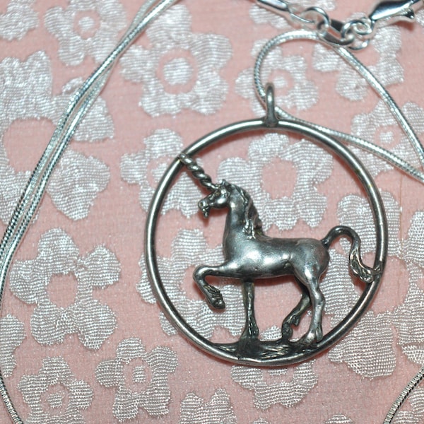 Vintage Sterling Unicorn Necklace, 925 Silver Unique Pendant, Fantasy Jewelry,