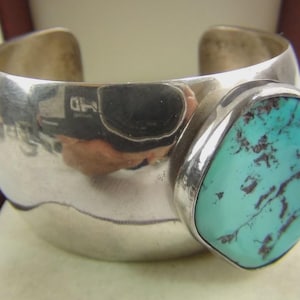 HEAVY 83g 6.75&quot; Native Sterling Silver Turquoise Cuff Bracelet Navajo