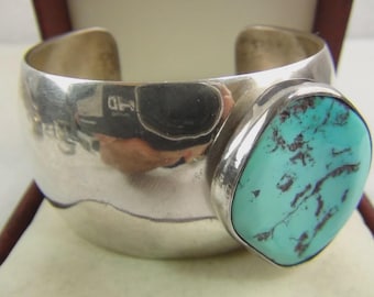 Native Sterling Silver Turquoise Bracelet, Heavy Navajo Cuff, 6.75" 83g, Handmade Jewelry,