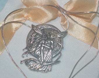 Vintage Art Nouveau Fairy Necklace: Sterling Silver Nymph Pendant, Signed Jessica
